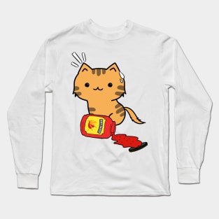 Funny Orange Cat Spilled Hot Sauce Long Sleeve T-Shirt